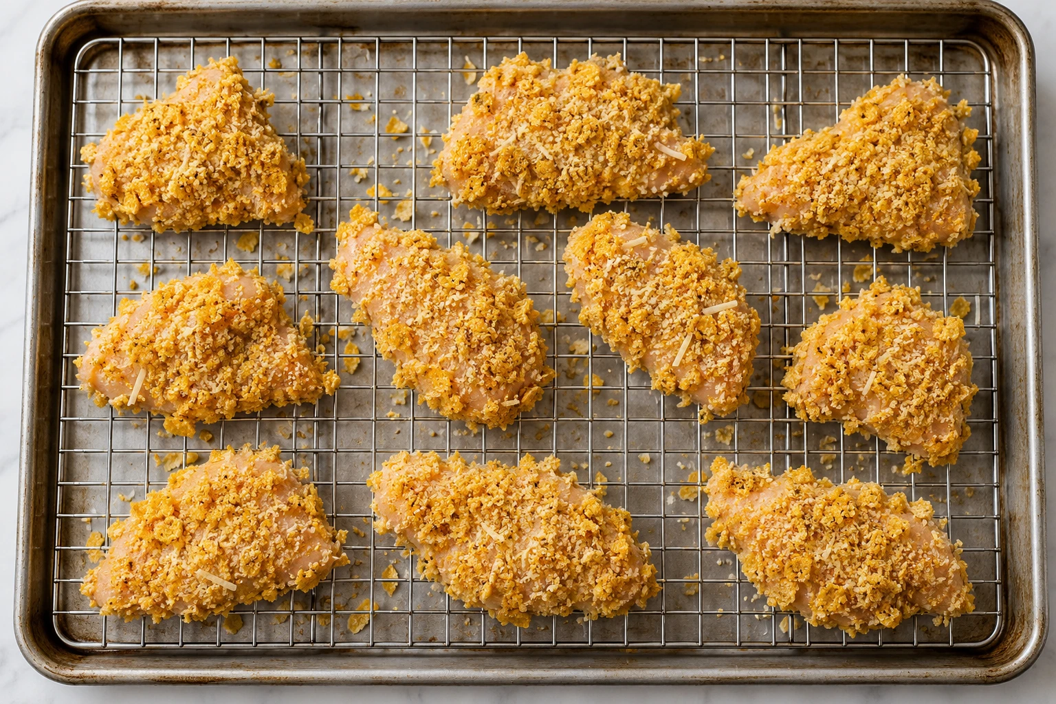 Cornflake-coated raw chicken bites are spaced on a wire rack over a rimmed sheet pan before baking.