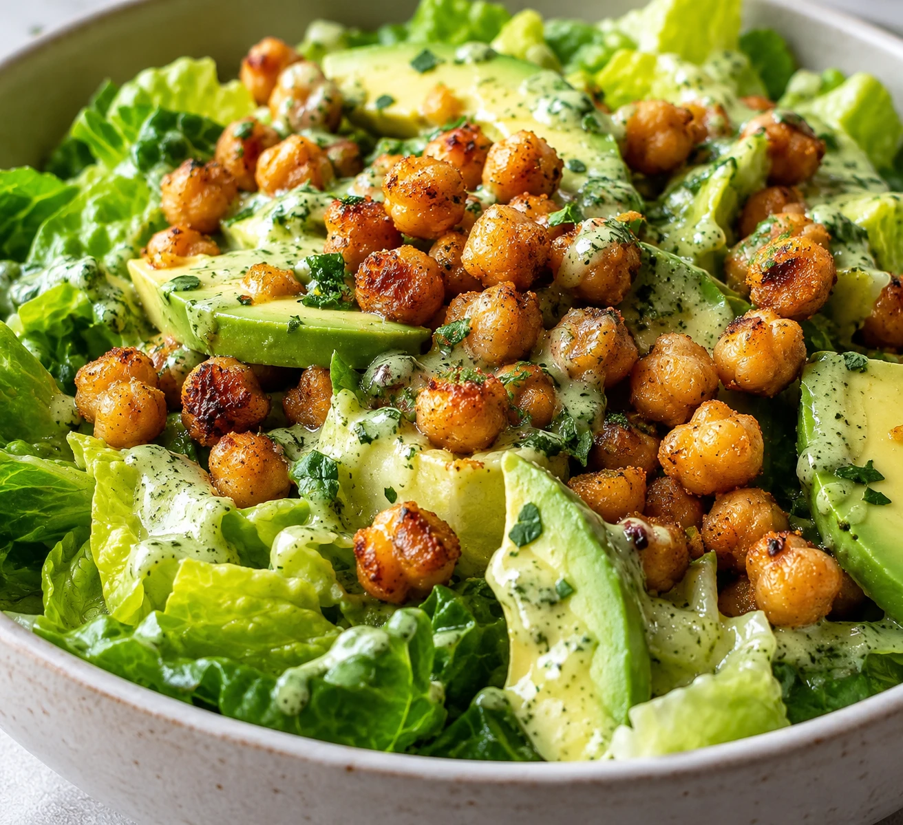 Crisp golden chickpeas and avocado sit on romaine under a thin parsley-cilantro tahini drizzle.