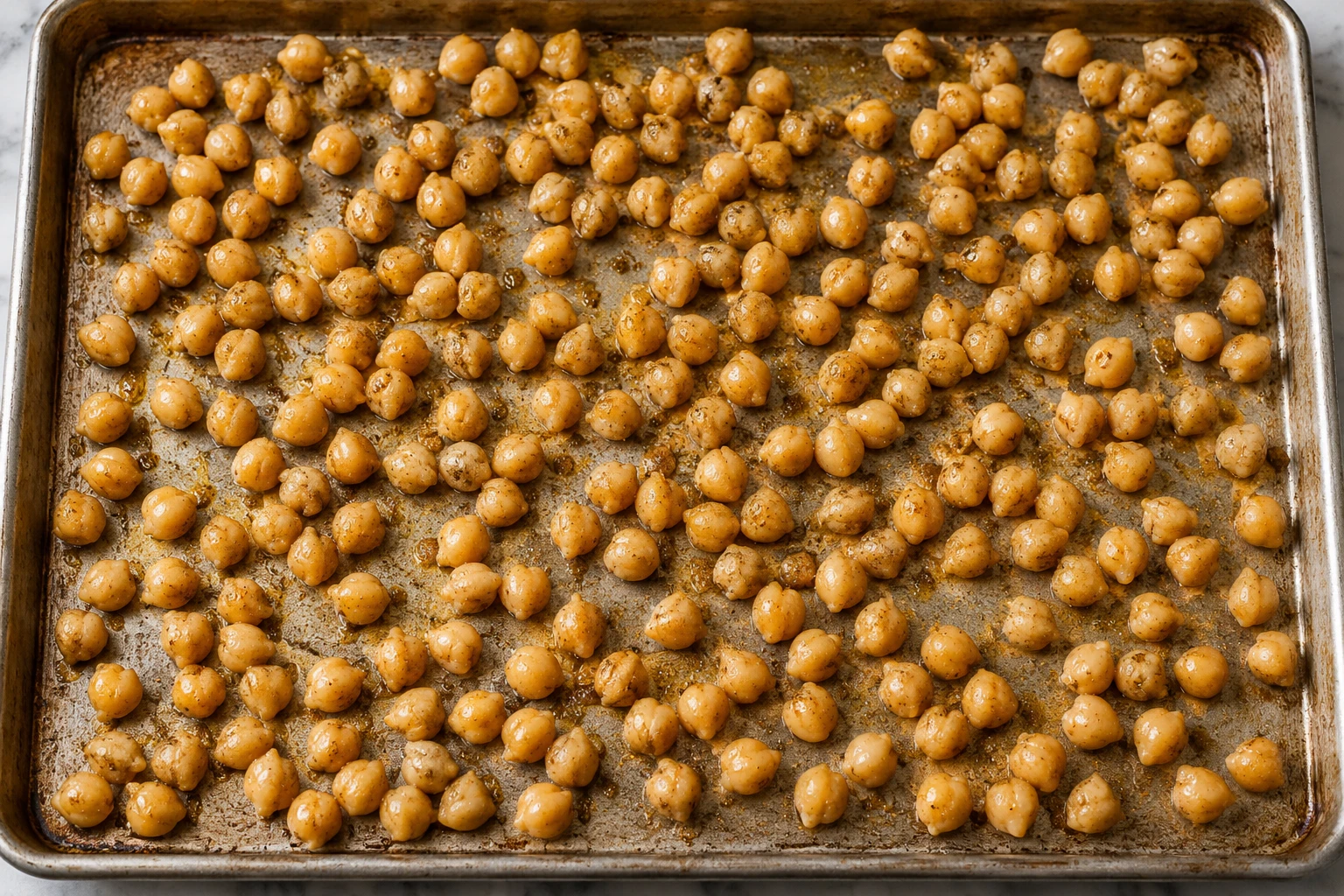 Dry seasoned chickpeas are spaced in one layer across a rimmed sheet pan before roasting.