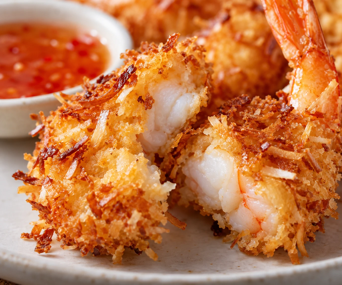 A crisp coconut coating surrounds opaque shrimp flesh beside a softly blurred bowl of dipping sauce.
