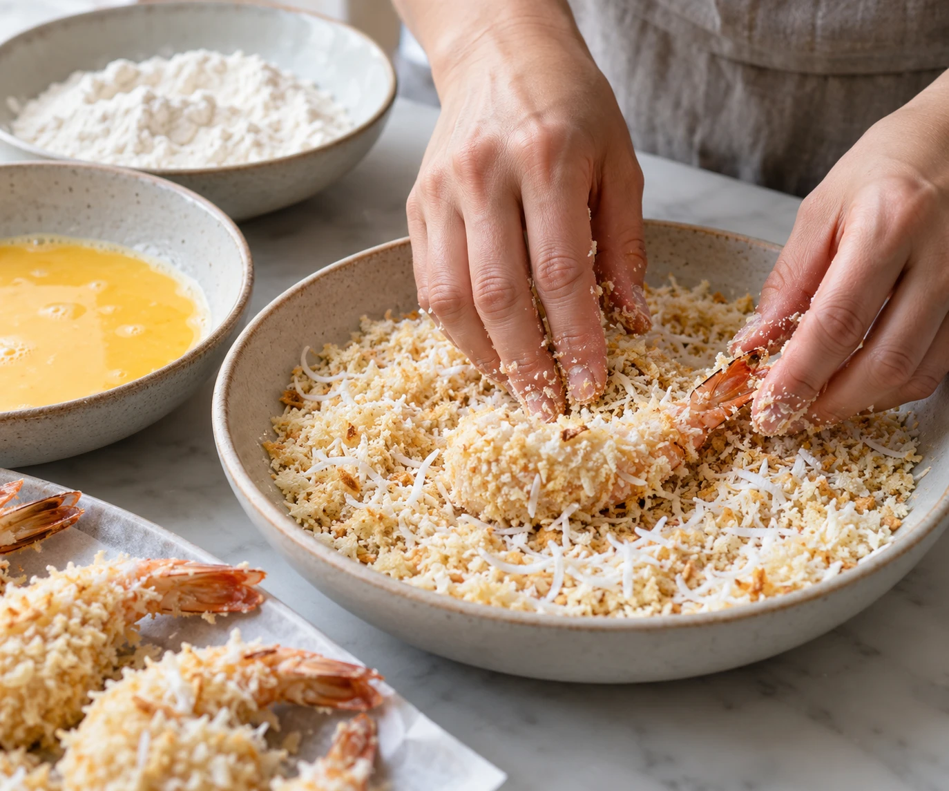 A hand presses panko and coconut crumbs onto a flour and egg coated shrimp beside the breading bowls.