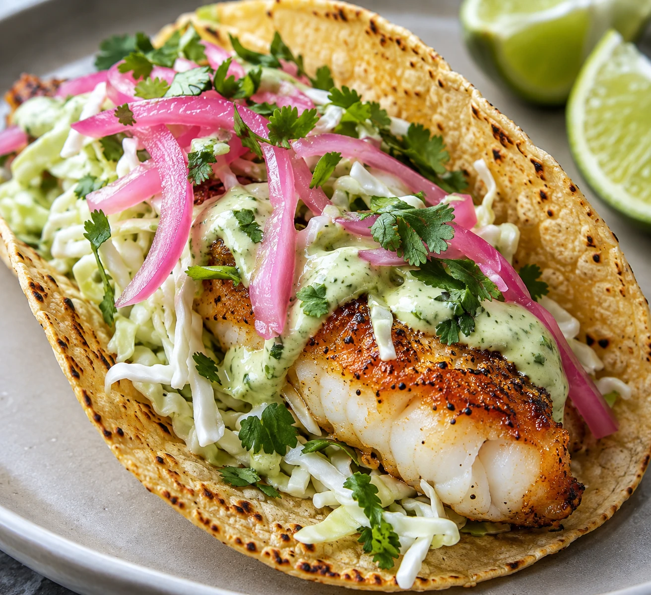 A close view of crispy cod, crunchy cabbage, creamy avocado, and pickled onion in a corn tortilla.