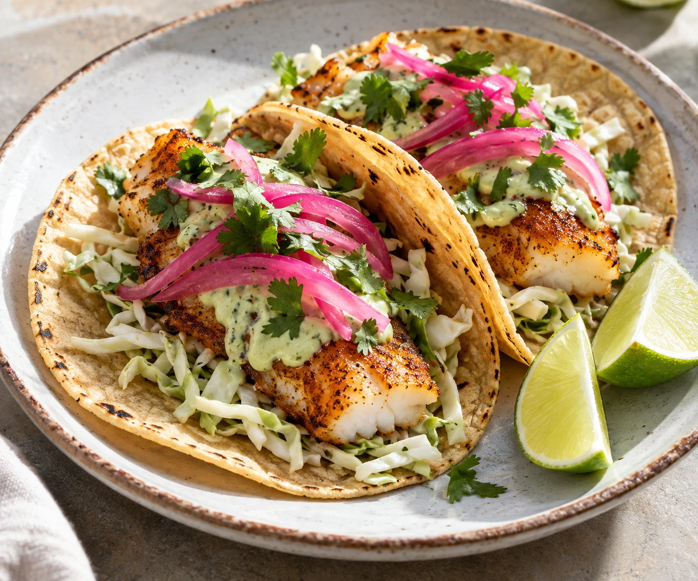 Golden pan-seared cod tacos topped with cabbage, avocado-lime crema, cilantro, and pickled red onion.