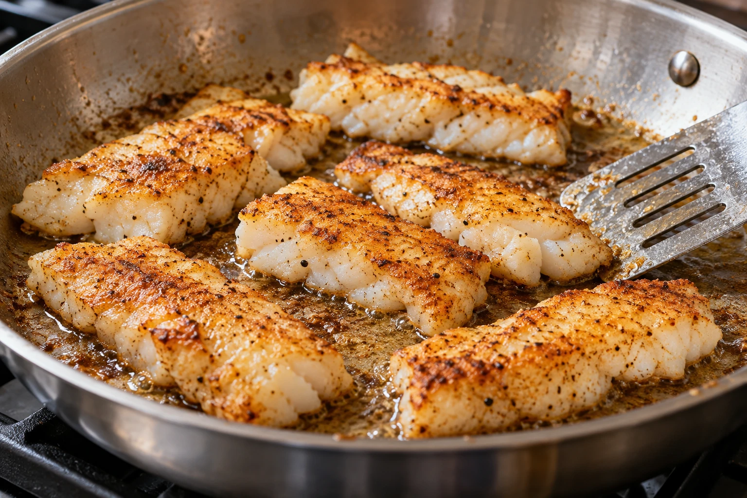 Seasoned cod strips brown in a lightly oiled skillet before being tucked into tacos.