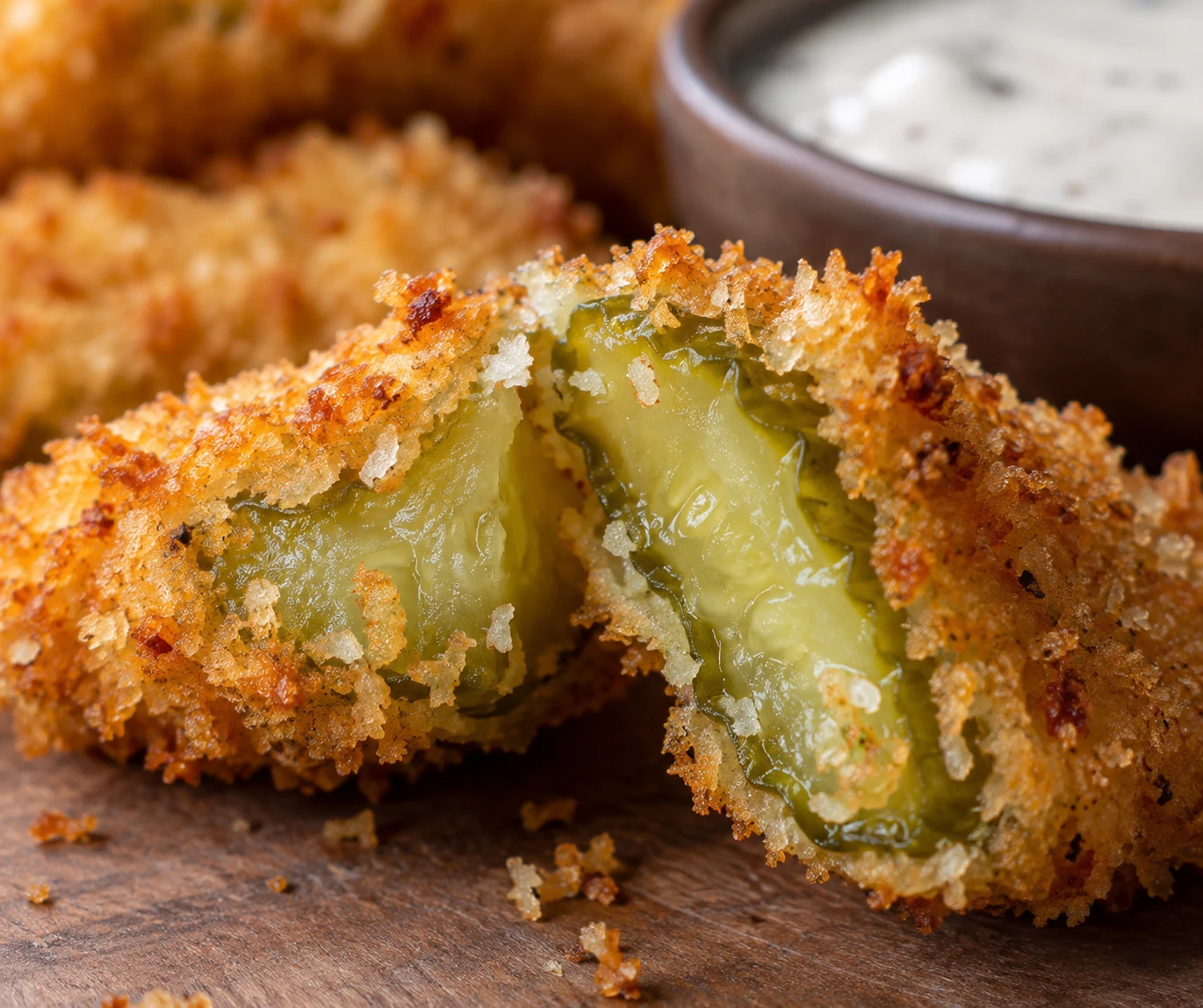 A broken fried pickle chip reveals its crunchy panko crust and tangy green pickle center.