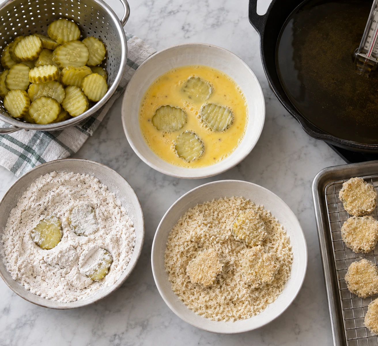 Dill pickle chips are coated beside bowls of seasoned flour, beaten egg, and panko before frying.