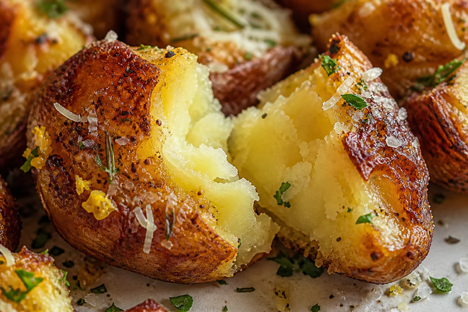 A crisp browned roasted potato with a fluffy center is finished with Parmesan, herbs, and lemon zest.
