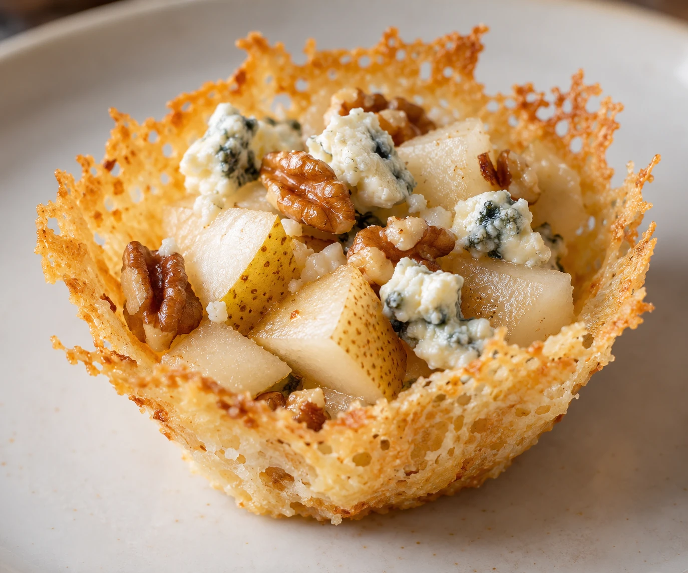 A close view shows the crisp lacy edge of a Parmesan cup around pear, blue cheese, and walnuts.