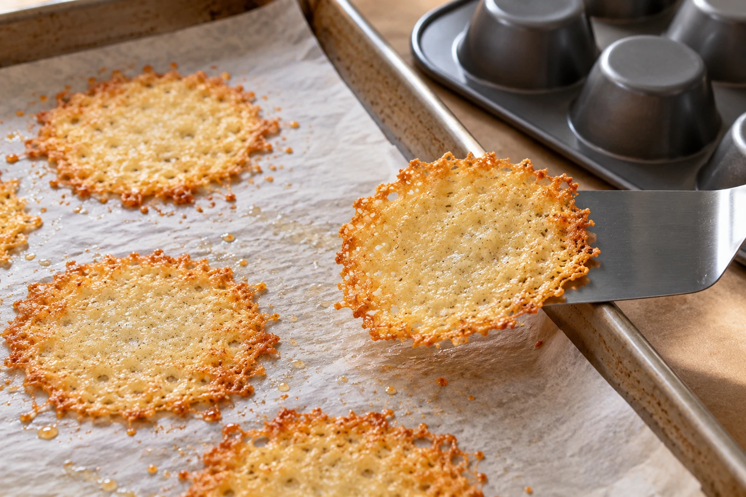 A golden Parmesan round is lifted from parchment beside an inverted mini-muffin pan used to shape frico cups.