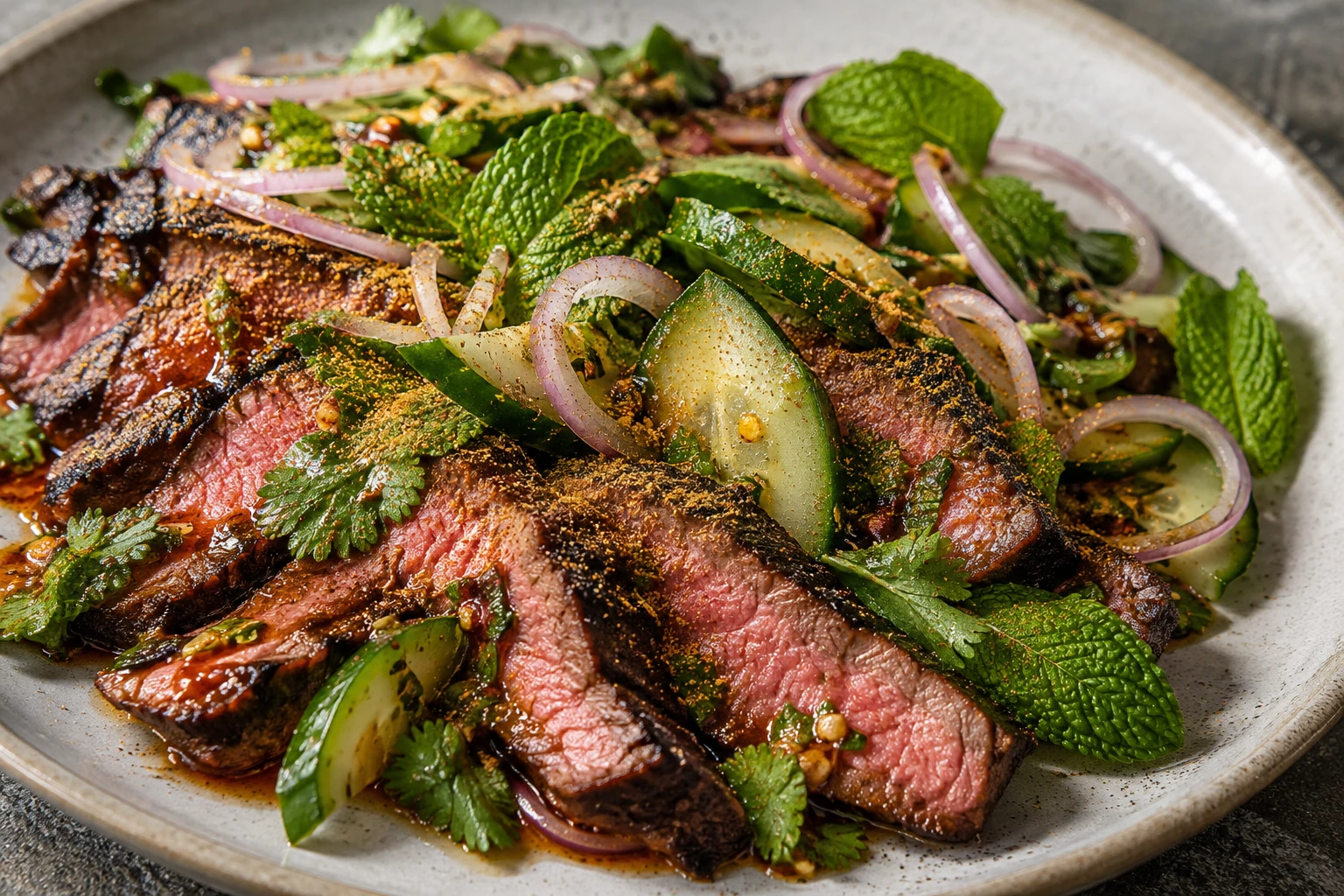 Rosy skirt steak slices are speckled with toasted rice among mint, cilantro, shallot, and cucumber.