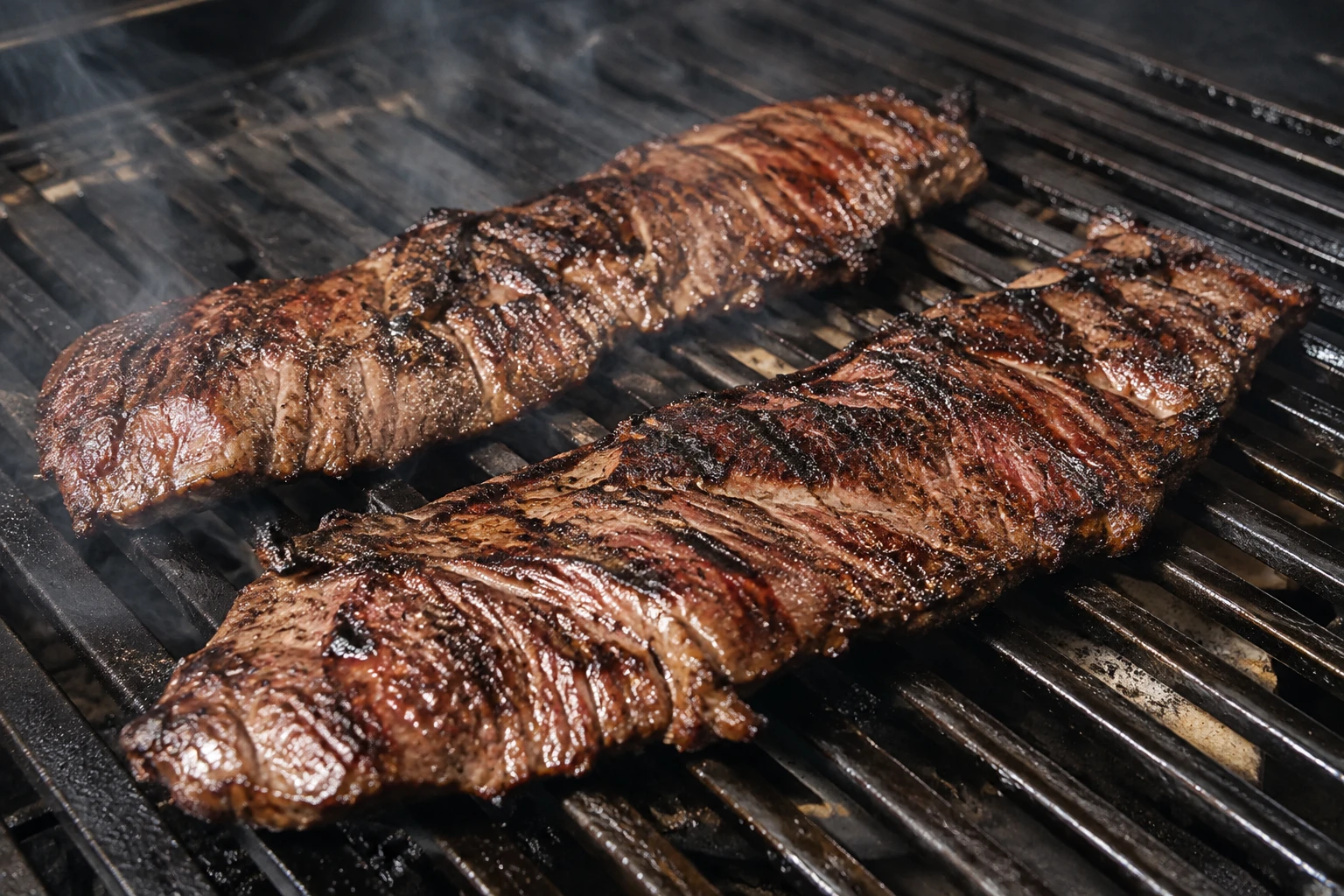 Two pieces of skirt steak develop dark charred edges and grill marks over high heat.