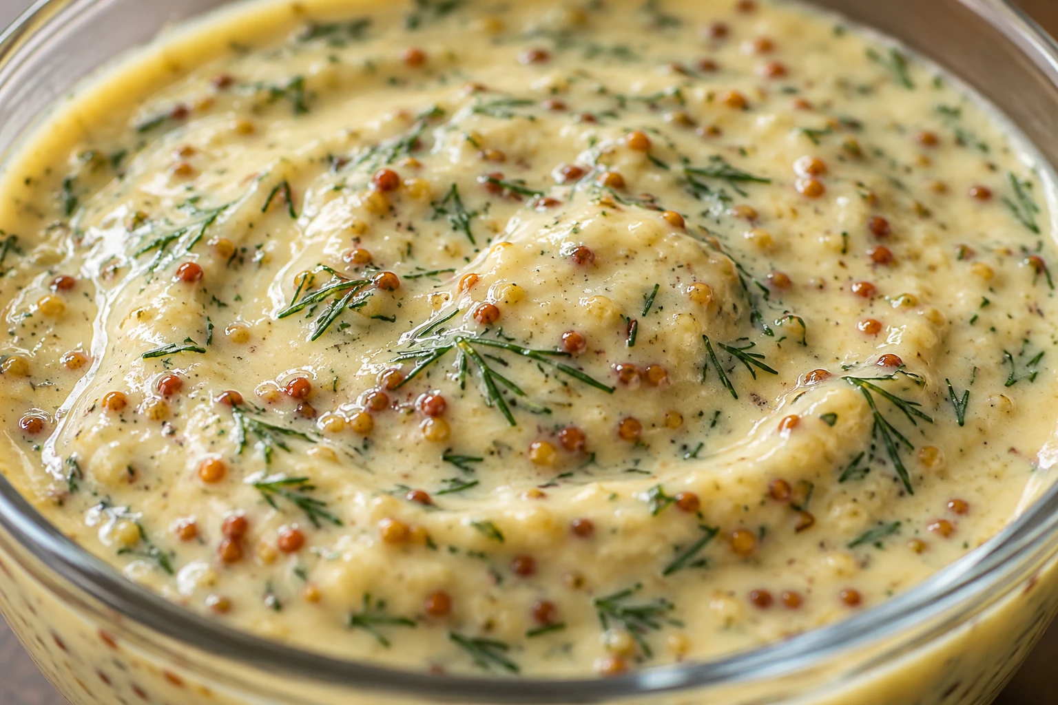 The creamy sauce holds tiny dill pieces and whole mustard seeds in an even emulsion.