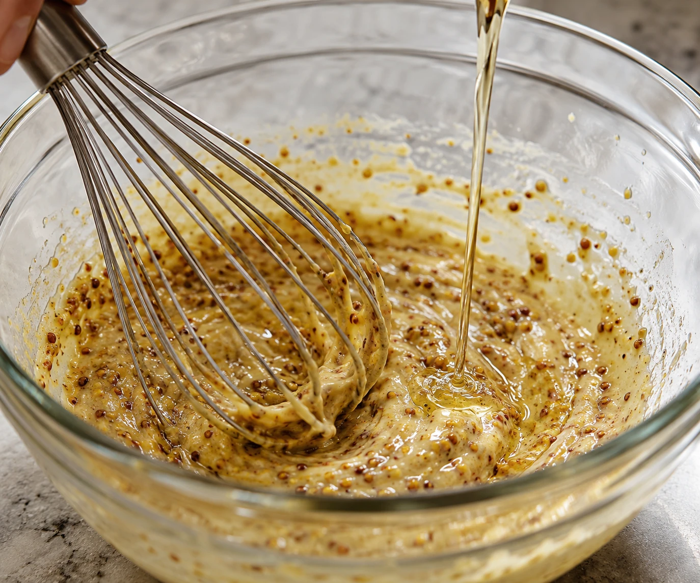 A thin stream of oil is whisked into mustard in a glass bowl to build the sauce emulsion.