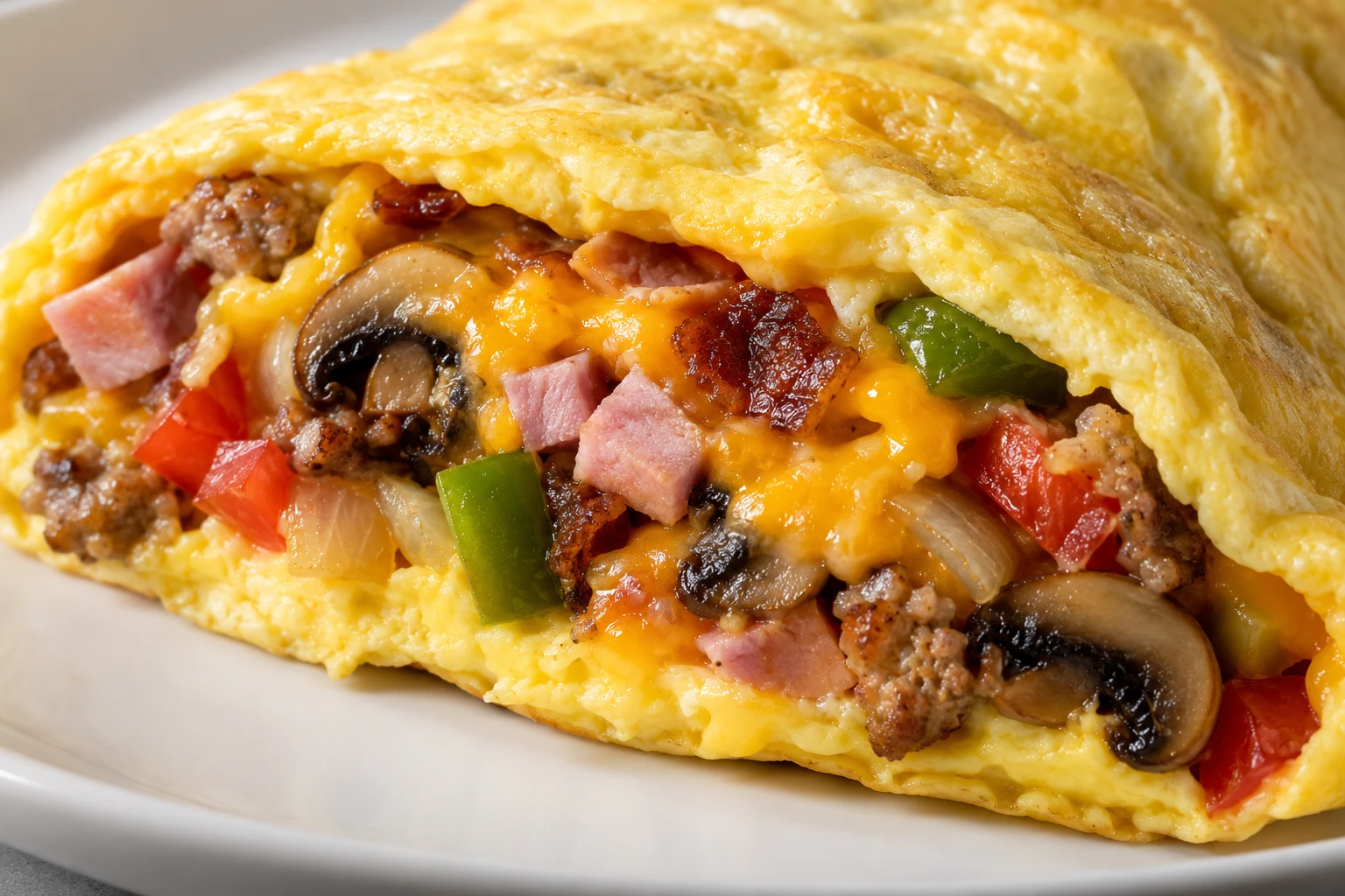 A close cut view shows tender pale egg wrapped around diced meats, cooked vegetables, and melted cheddar.
