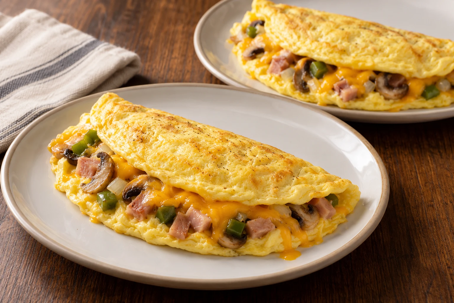 Two folded diner omelets hold ham, crisp bacon, browned sausage, vegetables, and melted cheddar inside tender eggs.