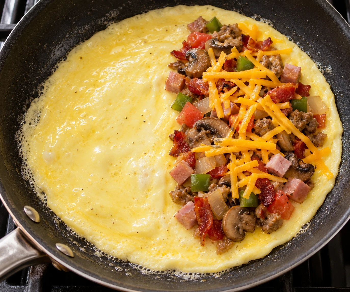 A softly set omelet in a nonstick skillet is topped on one side with the cooked works filling and cheddar.
