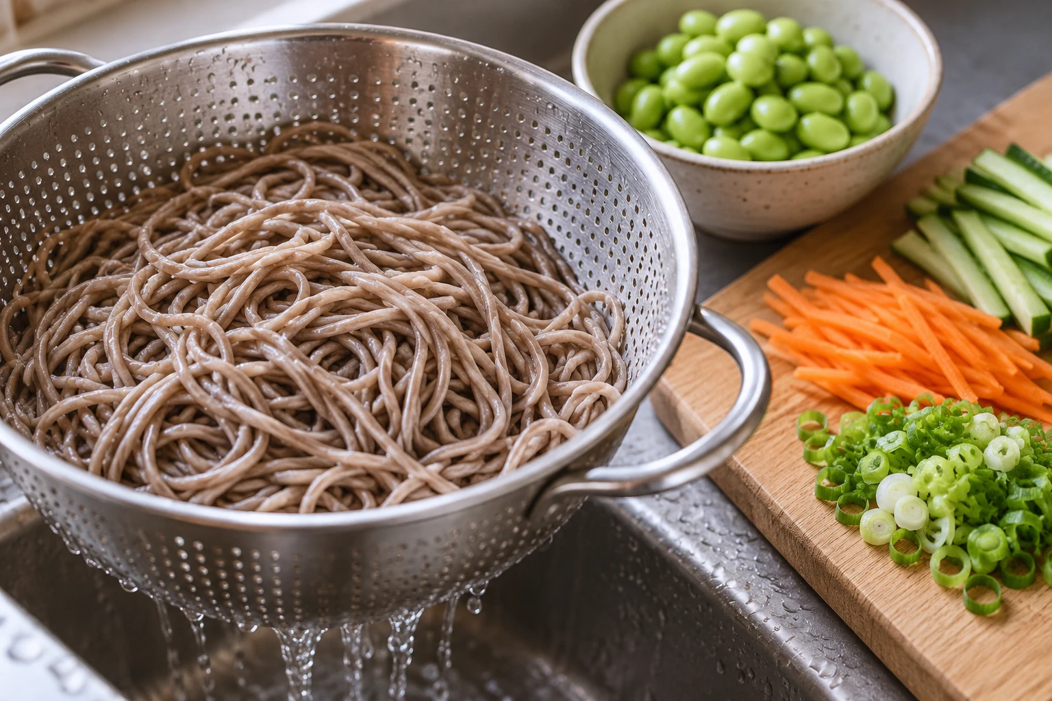 Cold soba strands drain separately in a colander beside edamame and cut vegetables.