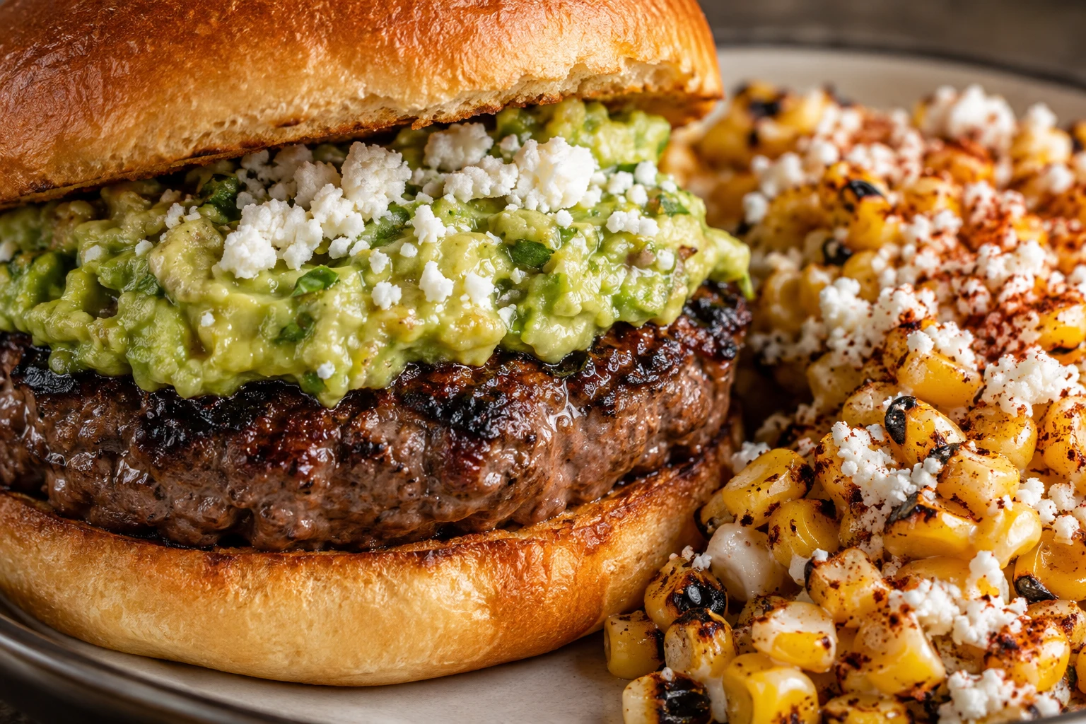 Bright guacamole and cotija cover the browned beef patty, with creamy chile-dusted corn nearby.
