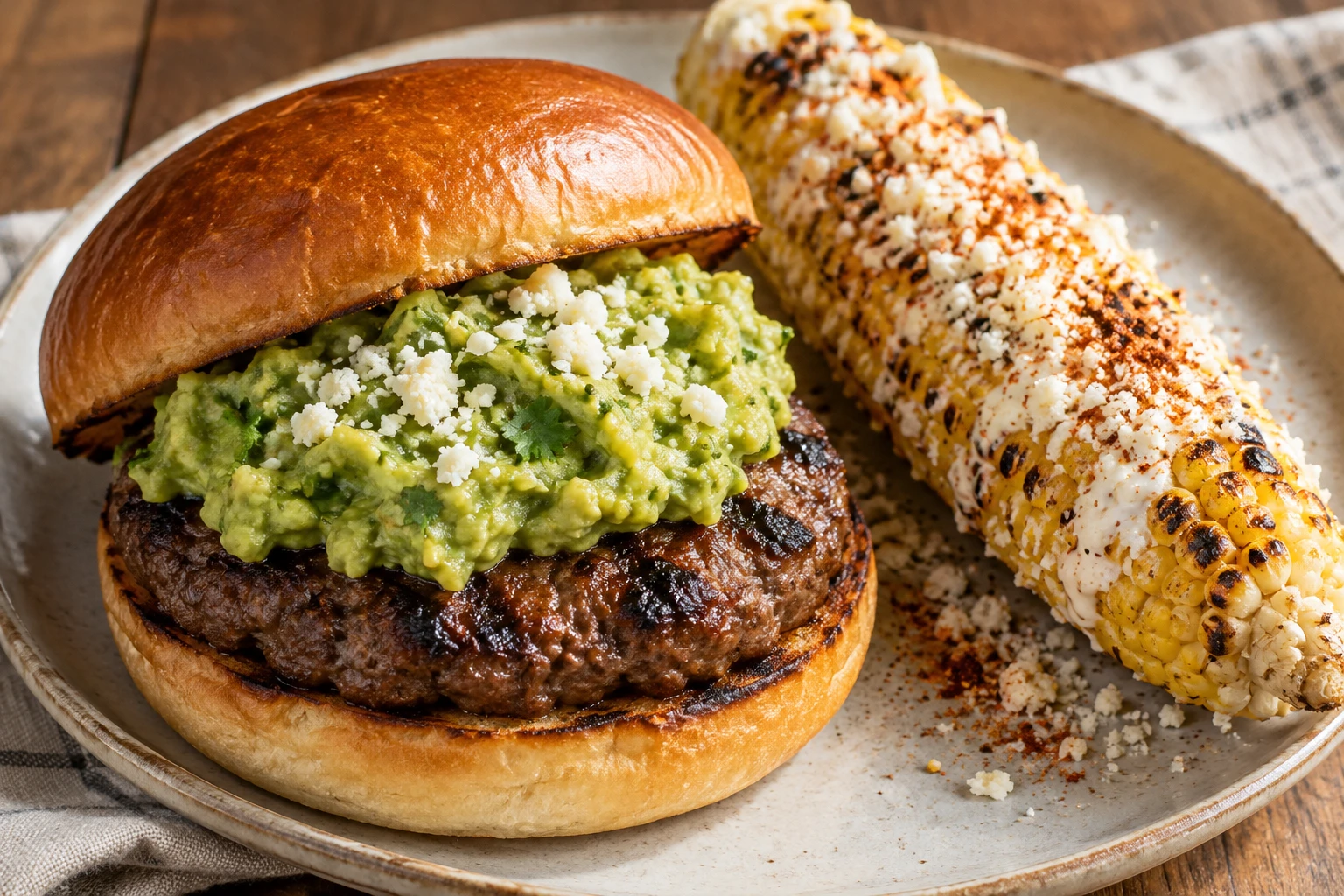 A toasted beef burger with green guacamole and cotija sits beside charred corn coated with crema and chile.
