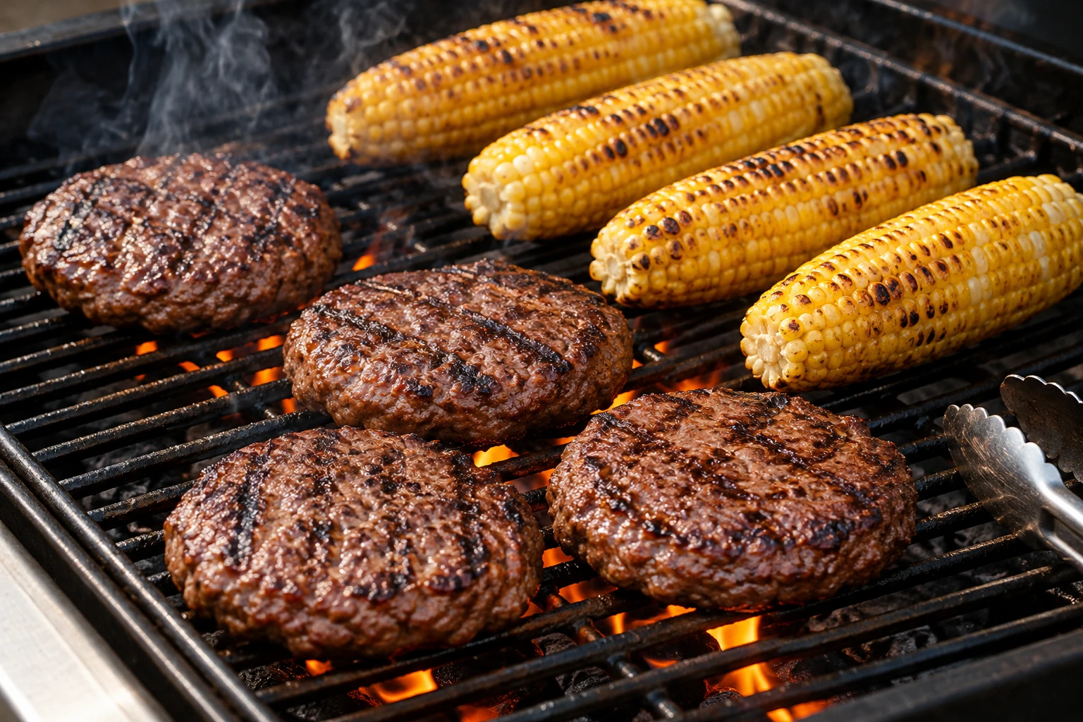 Four beef patties brown on a grill while the corn develops scattered char marks beside them.