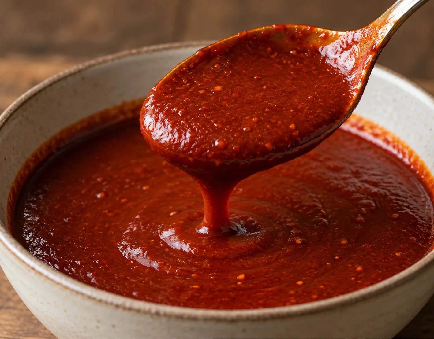 Glossy red chile sauce clings smoothly to a spoon above a simple bowl.