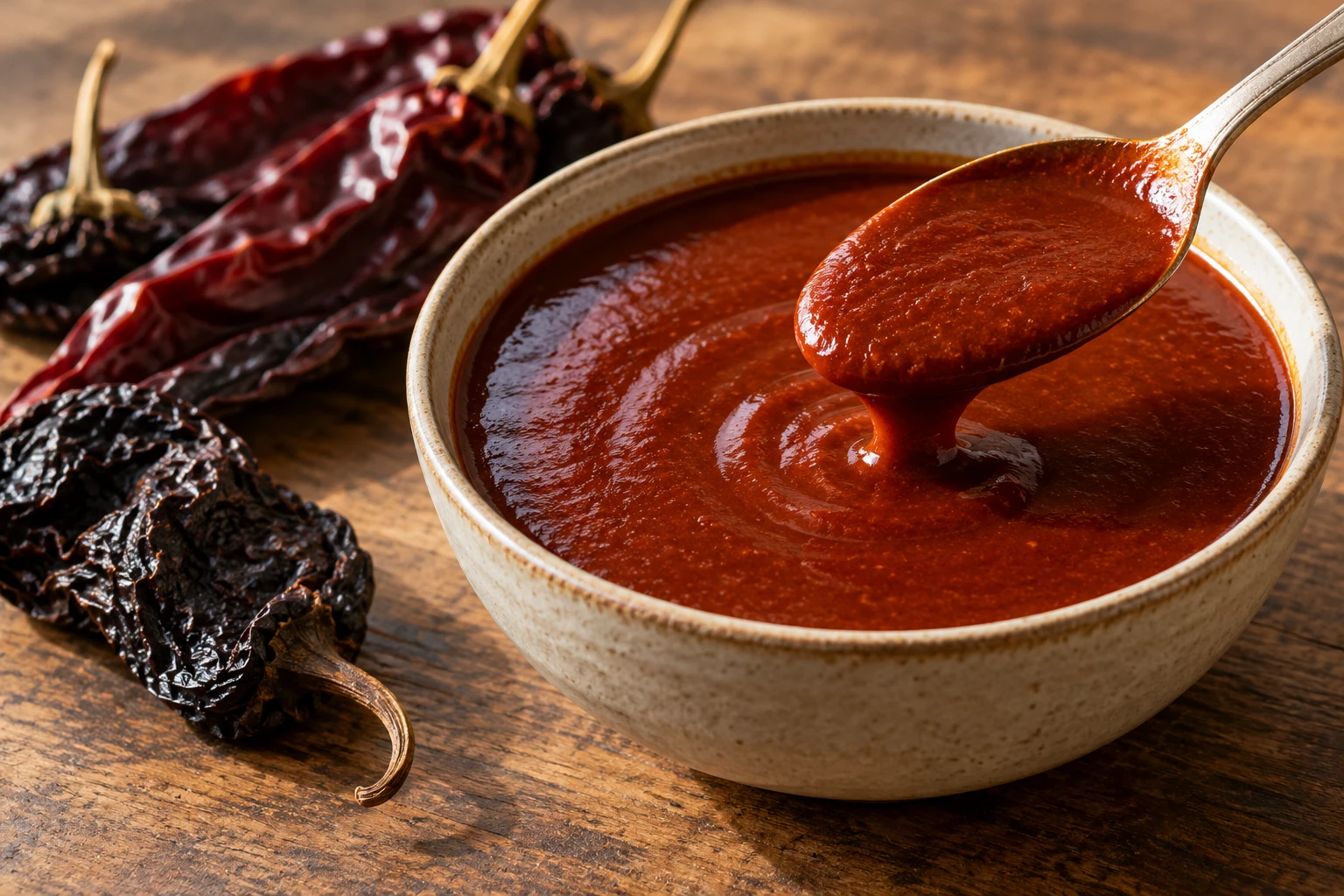 A small bowl of smooth red chile sauce sits beside dried guajillo and ancho chiles.