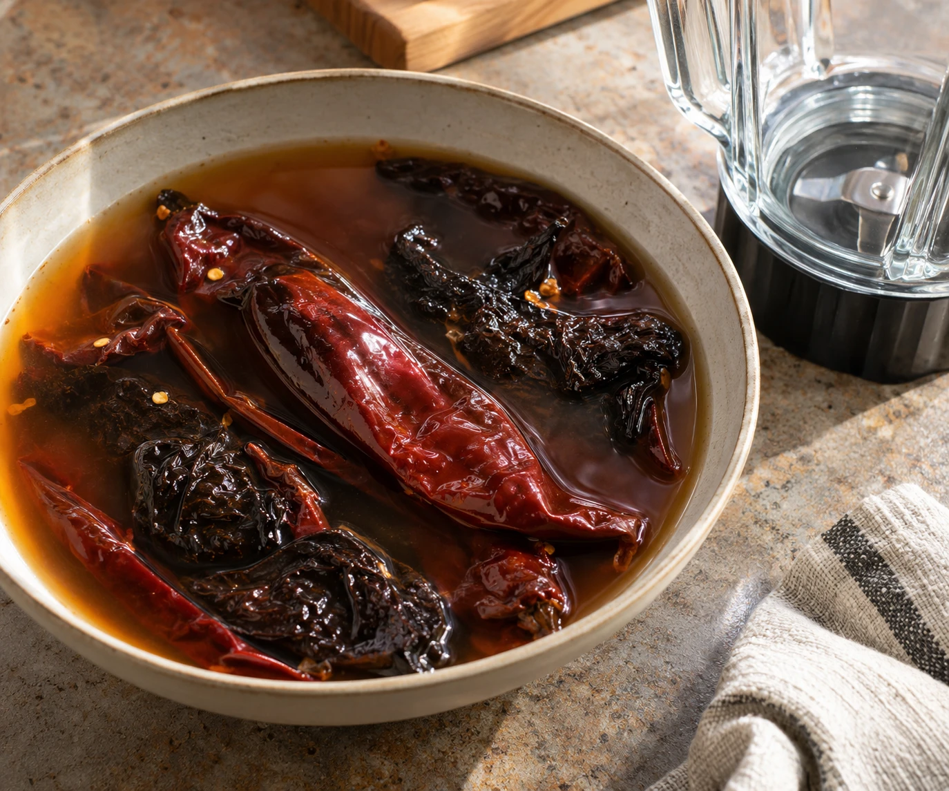 Toasted guajillo and ancho chiles soften in hot stock beside a blender jar.