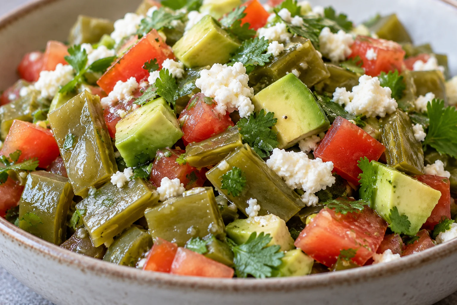 Tender cactus, ripe tomato, avocado, and queso fresco remain distinct in the finished salad.