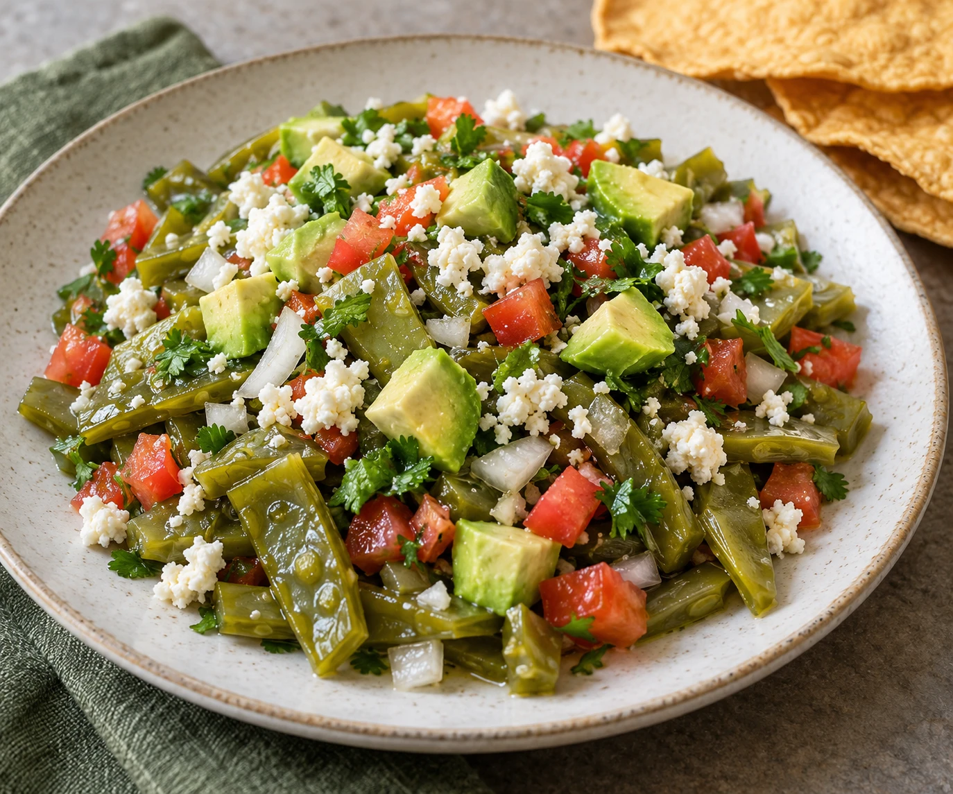 Ensalada de nopales with tomato, cilantro, avocado, and queso fresco beside crisp tostadas.