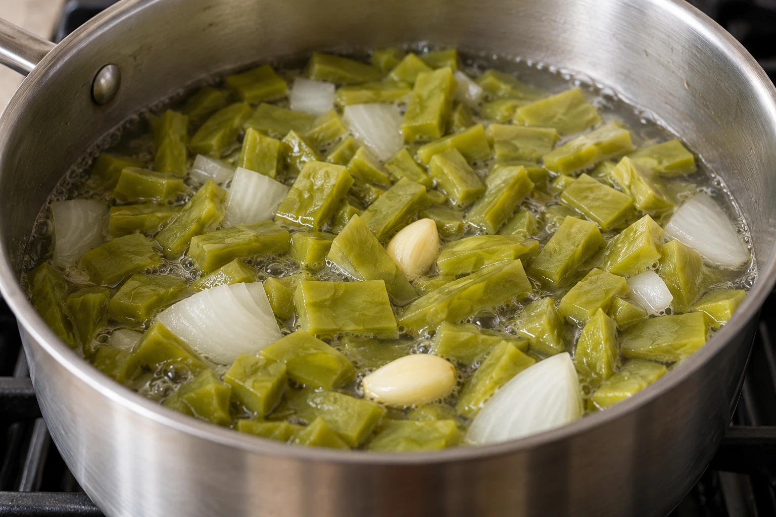 Diced nopales simmer with onion and garlic before the cactus is drained and rinsed.