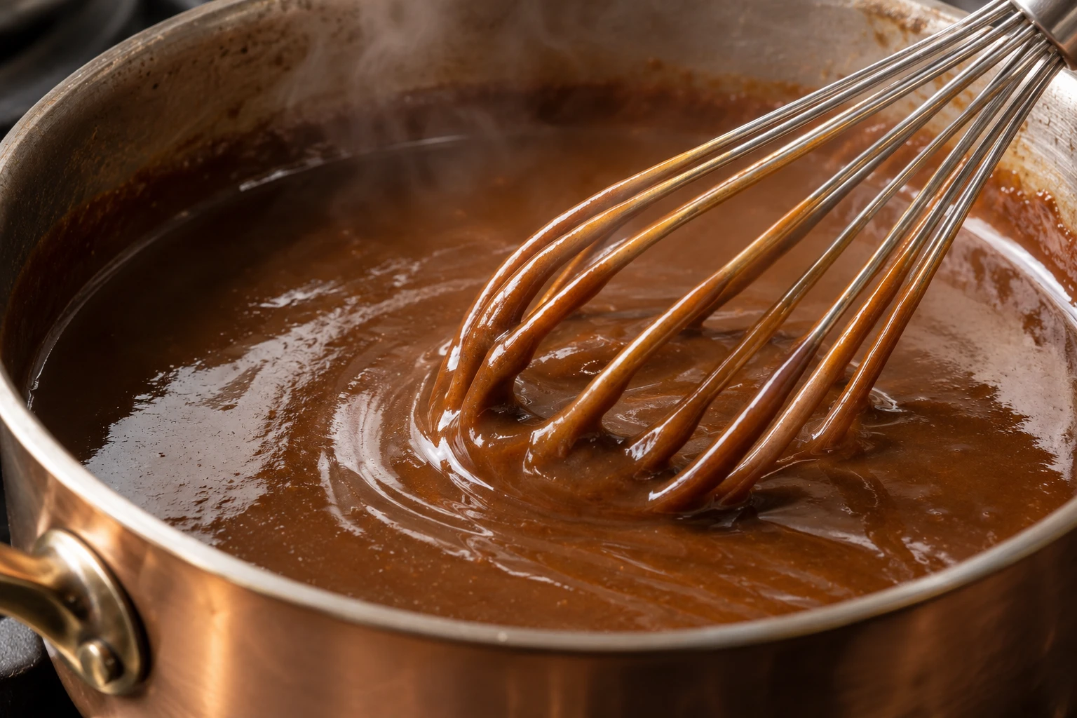 A whisk moves through smooth, glossy brown sauce in a heavy saucepan with gentle steam.