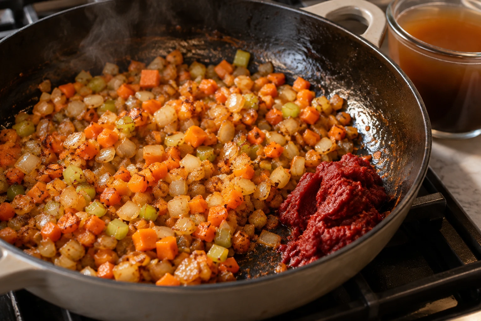 Diced onion, carrot, and celery brown evenly in a skillet beside tomato paste and stock.
