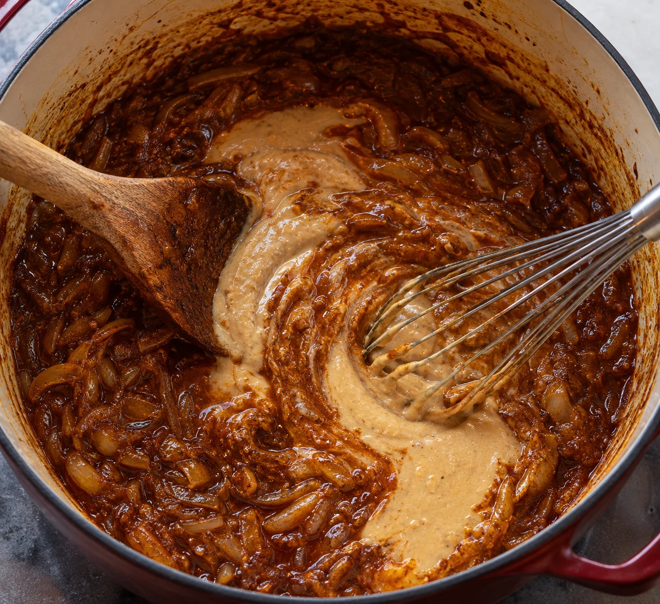 A whisk blends smooth russet chickpea slurry into a dark aromatic base in a heavy pot.