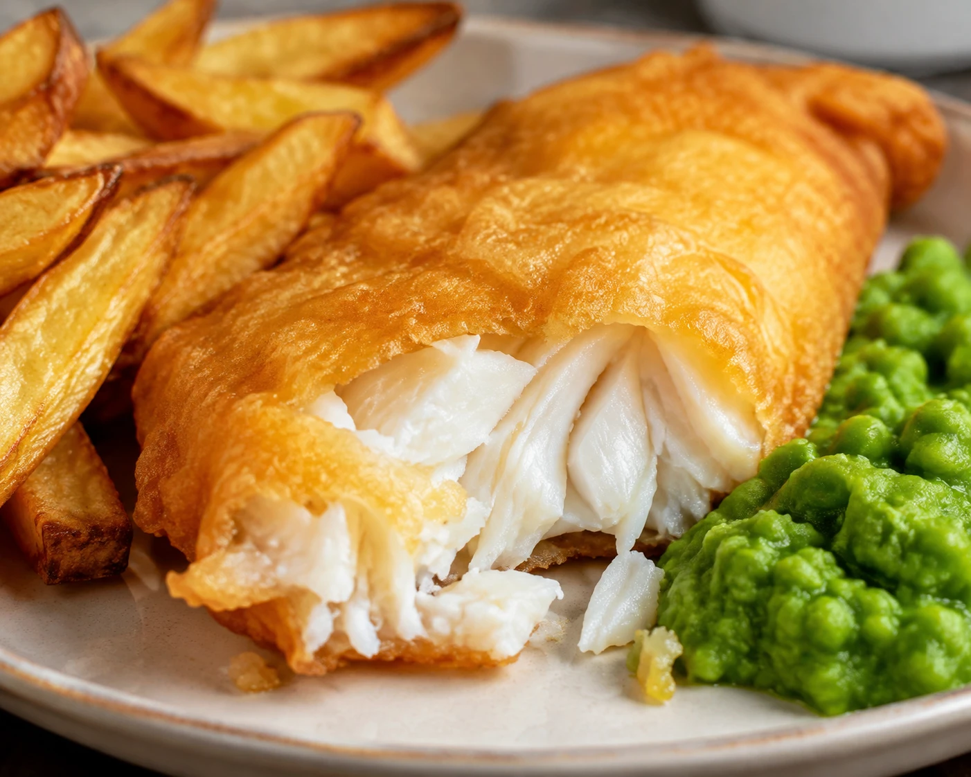Golden crisp batter surrounds moist flaky white fish beside a crisp chip and mashed peas.