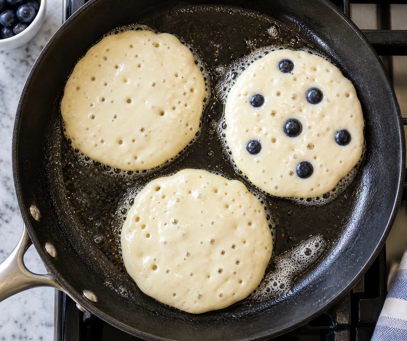 Pancakes bubble in a buttered skillet, with blueberries scattered over one wet round.