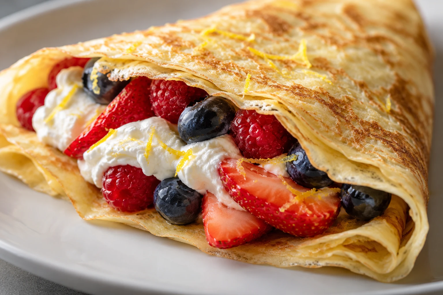 A close view shows the tender crepe fold, fresh berries, and lightly whipped cream filling.