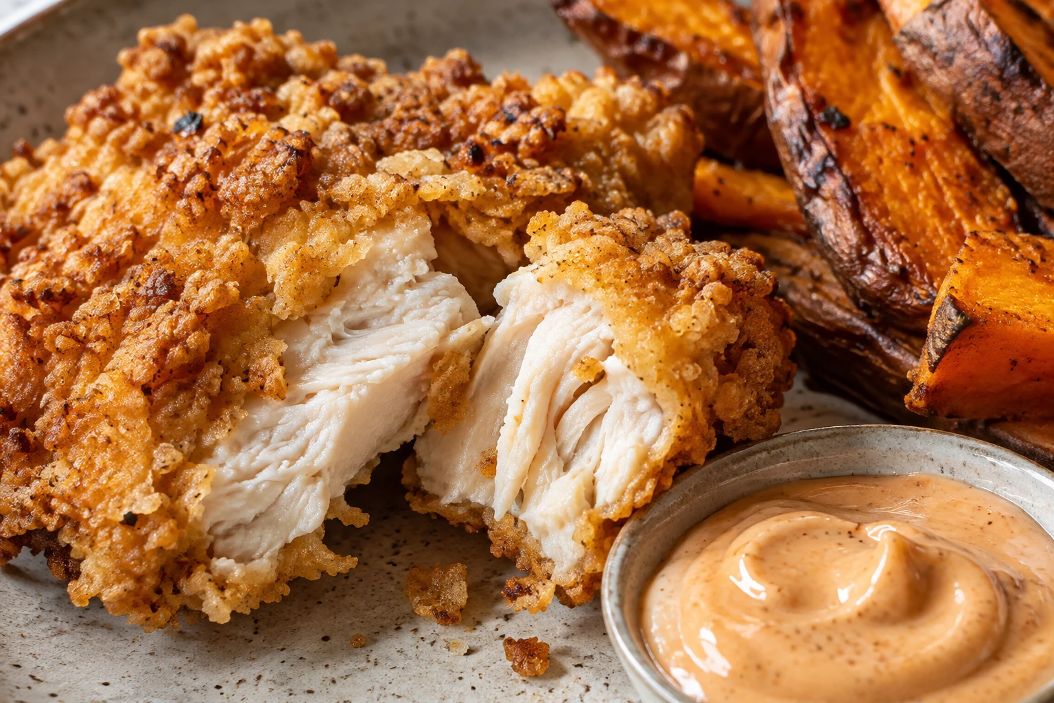A split chicken tender shows cooked white meat and craggy golden crust beside barbecue mayonnaise and a sweet-potato wedge.
