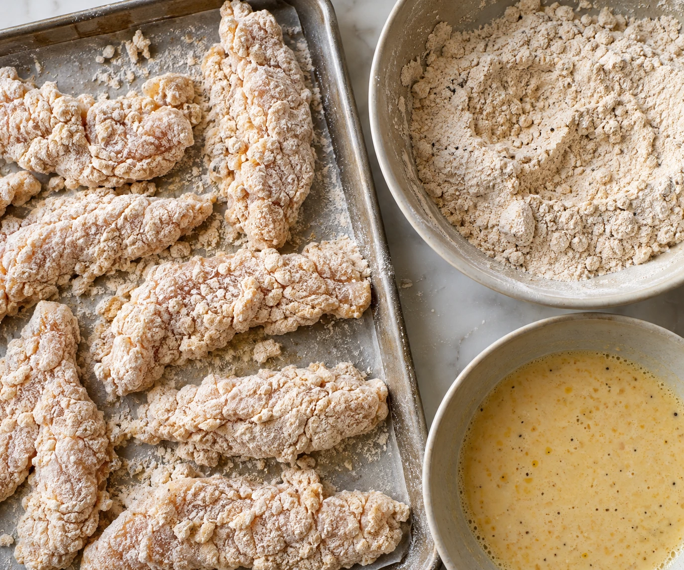 Craggy flour-coated chicken tenders rest on a tray beside seasoned flour and buttermilk-egg coating.