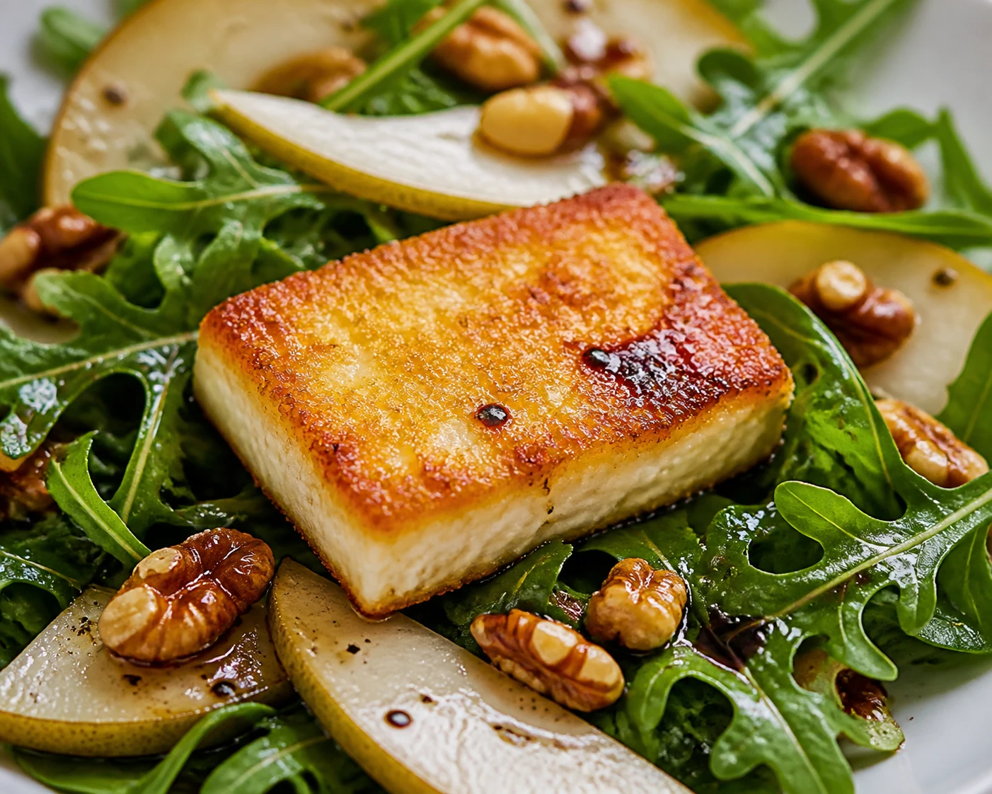 A crisp fried feta piece sits with peppery arugula, pear, toasted walnut, and balsamic dressing.