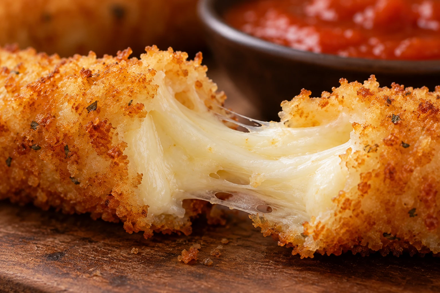 A crisp panko crust surrounds the molten white mozzarella inside a split fried cheese stick.