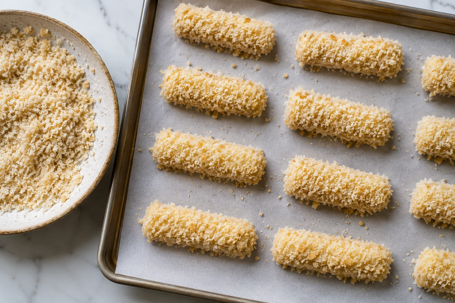 Breaded mozzarella sticks rest spaced apart on a parchment-lined tray before freezing.