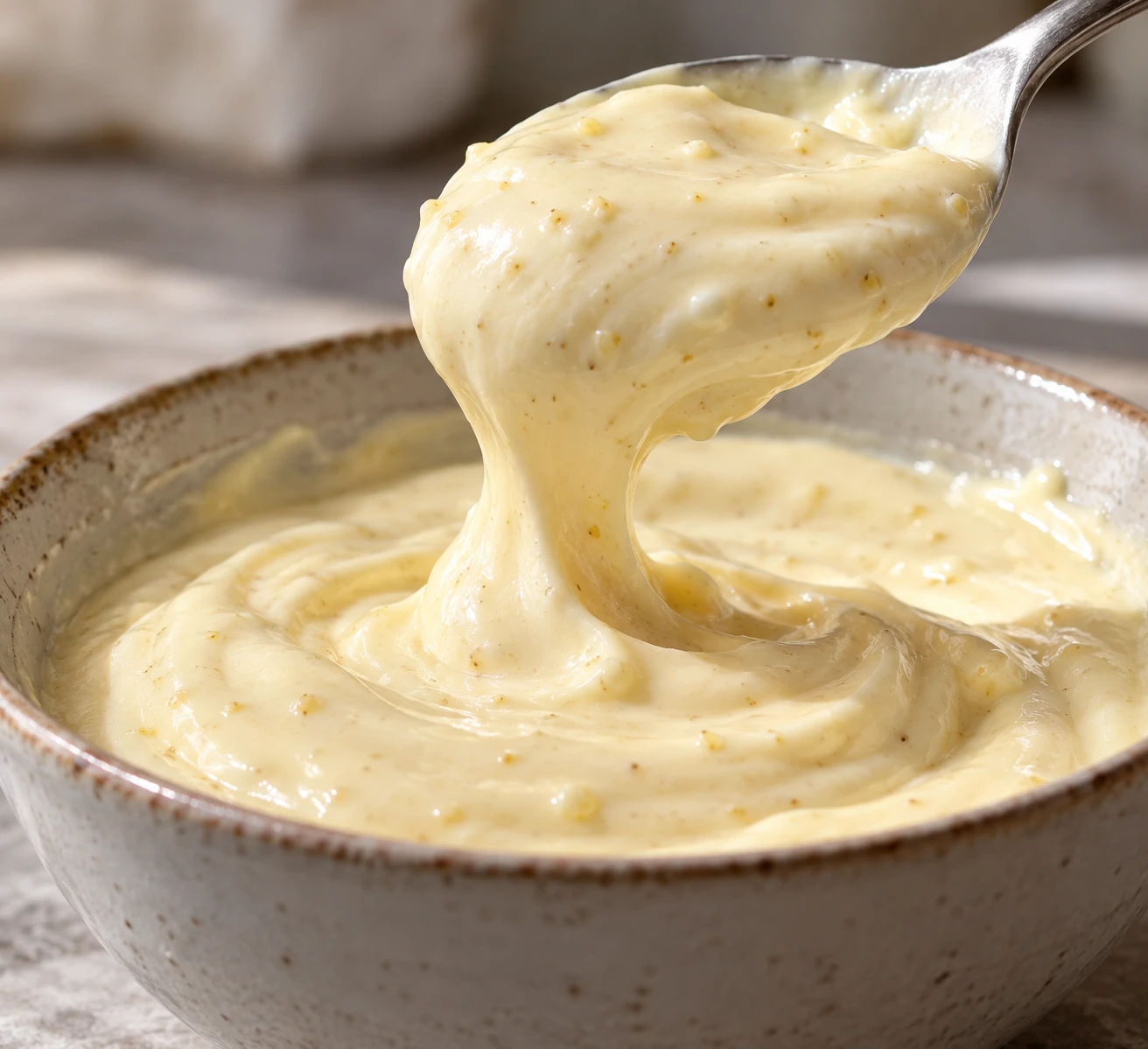 Thick pale aioli clings to a whisk in glossy ridges with fine flecks of garlic throughout.