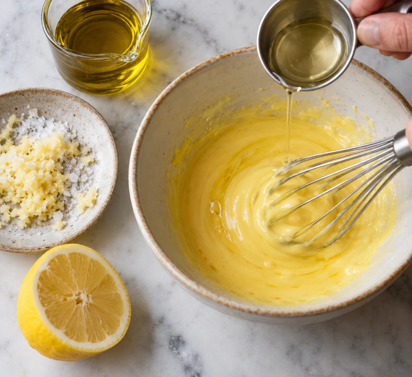 Mashed garlic and salt sit beside egg yolk, lemon juice, a whisk, and measured oils before emulsifying.