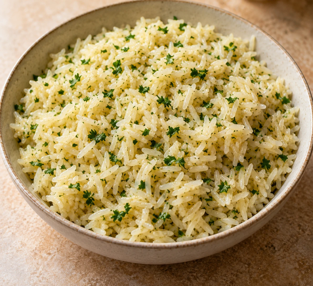 Fluffy long-grain rice pilaf with finely chopped parsley in a shallow ceramic serving bowl.