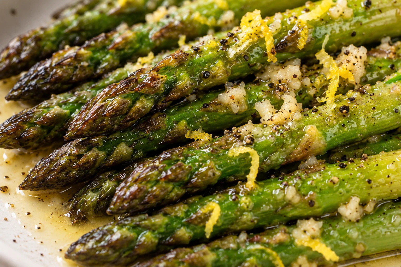Lightly browned asparagus tips show a tender-crisp texture beneath garlic butter and flecks of lemon zest.
