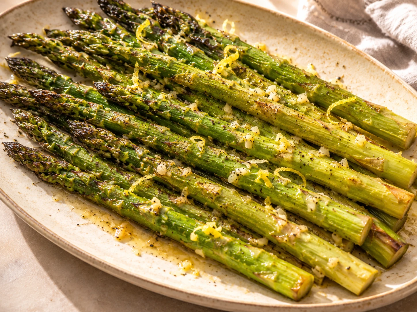 Whole roasted asparagus spears glisten with garlic butter, lemon zest, and black pepper, with lightly browned tips.