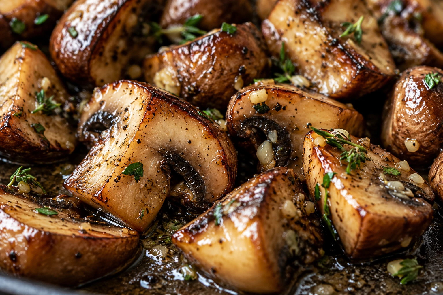A close view shows browned mushroom edges coated with glossy garlic butter and thyme.