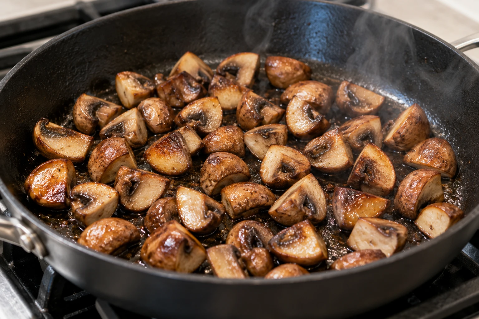 Cremini mushroom quarters brown in a wide skillet with space between each piece.