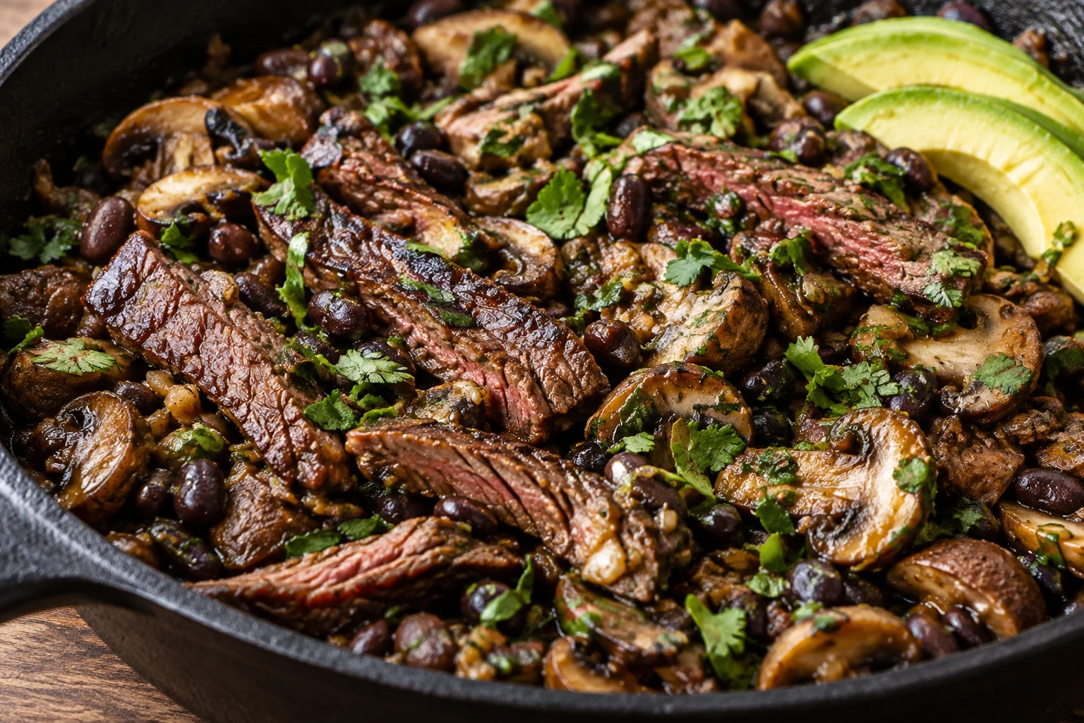 A close view reveals browned steak edges, mushrooms, black beans, cilantro, and sliced avocado.