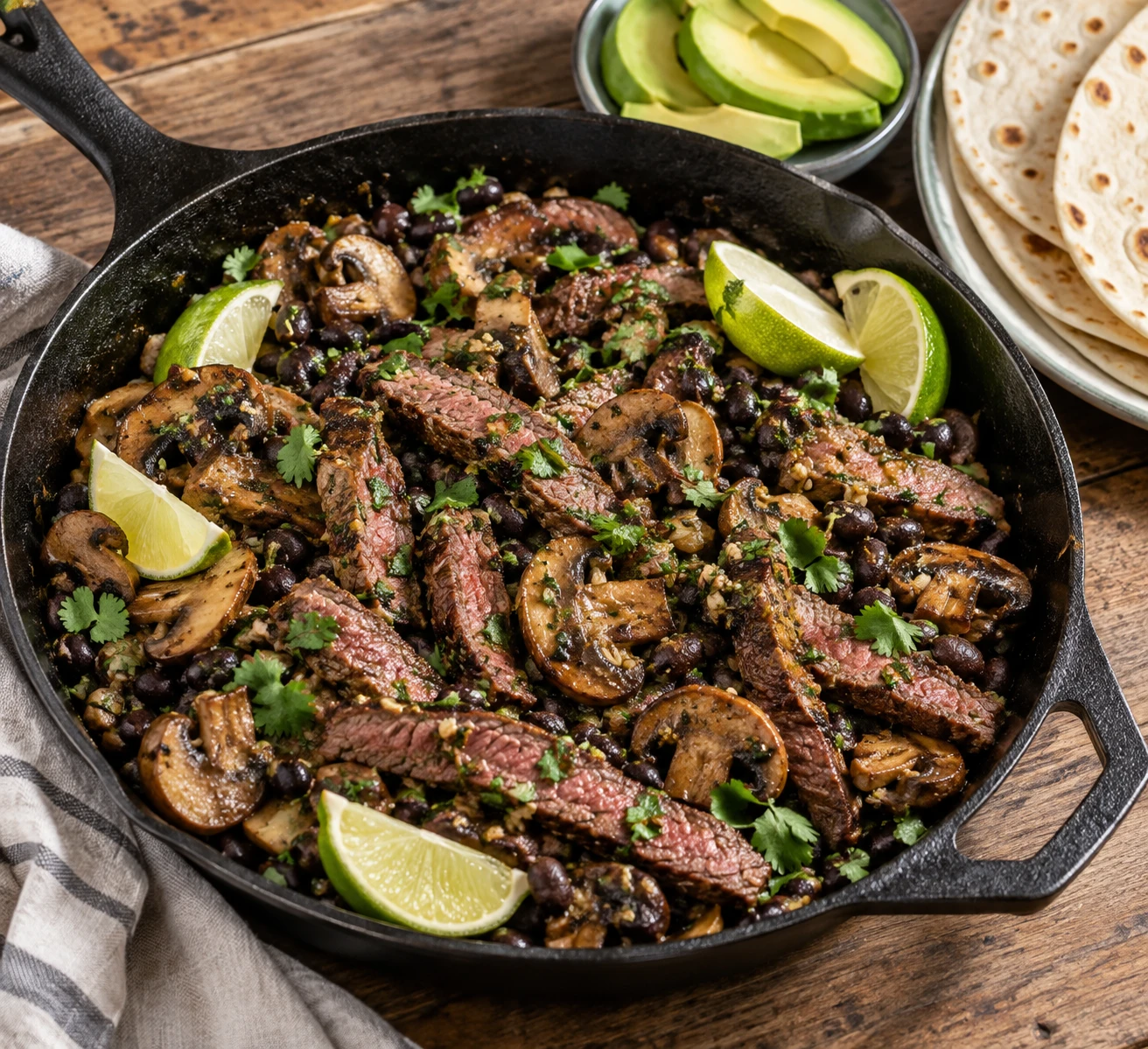Seared steak, browned mushrooms, and black beans fill a cast-iron skillet beside avocado, lime, and warm tortillas.